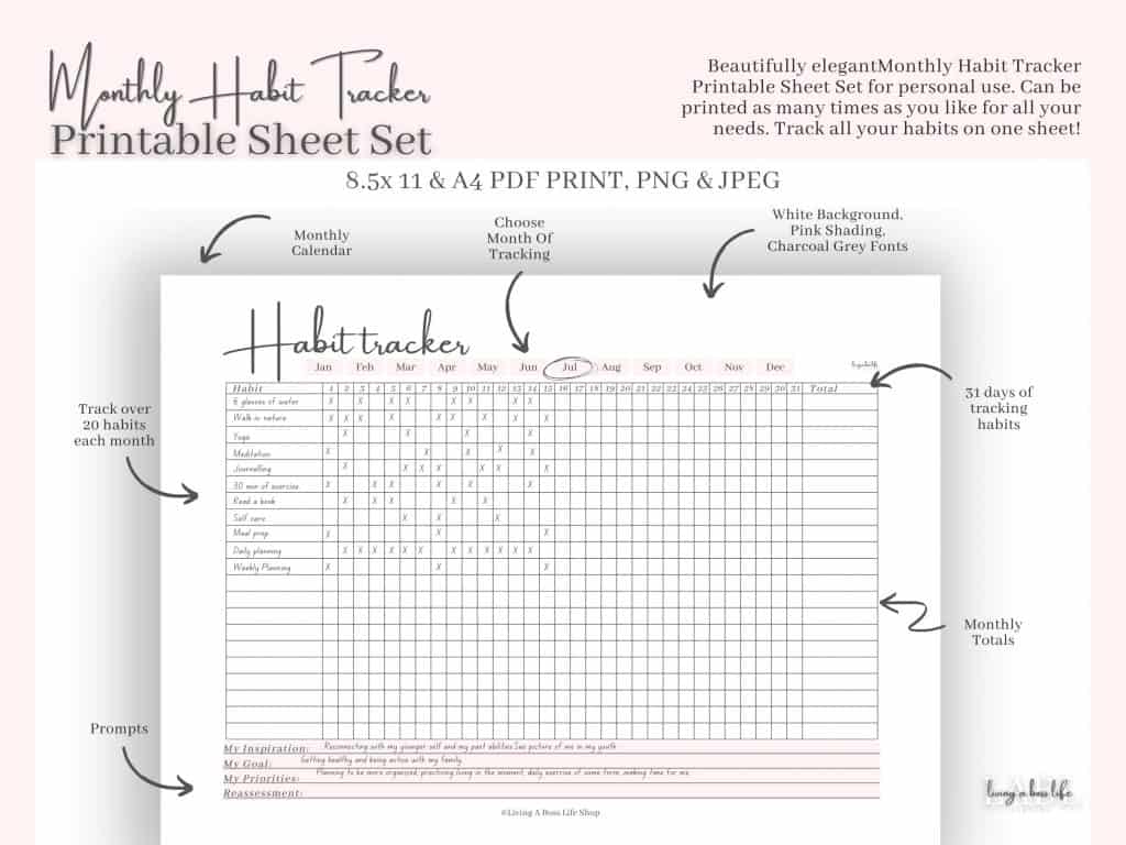 Looking for a way to keep track of all your healthy habits? Here are 8 beautiful healthy habit tracker printable downloads that keep track of all your healthy (or not-so-healthy) habits!Track your sleep, water, exercise, tech use and more. Habit trackers don't need to be just for healthy habits, track your not-so-healthy habits as you try to eliminate them to see how far you have come! You have got this and these sheets can help you see it for yourself!You can print these pages out and use them over and over every month!There is also space for inspiration, goals, priorities and reassessment on some of the sheets. Take notes about your progress every month. Great to add to planners!Download your favourite habit tracker sheets today!