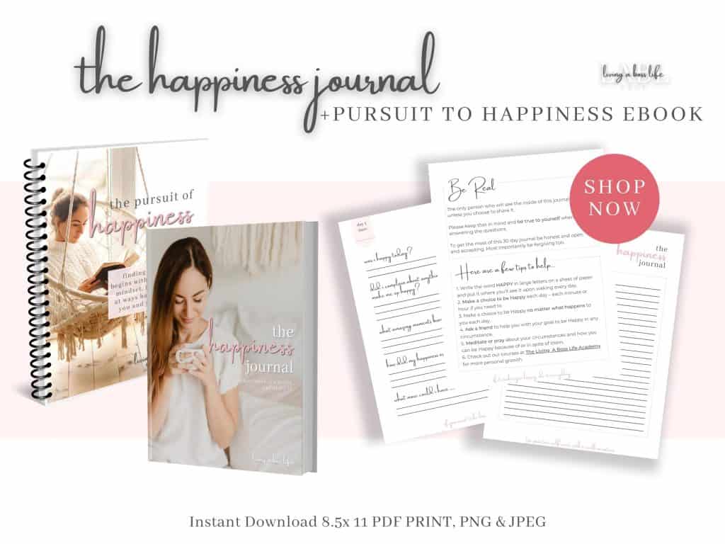Introducing the Happiness Journal Plus A Special Bonus: My eBook The Pursuit Of Happiness! What's inside The Happiness Journal-Each page is beautifully designed to help you find the moments worth focusing on and highlighting.-Each page comes with an inspirational quote or a helpful daily tipEach day consists of 3 pages:-a prompting page with questions to help get you thinking,-a space to capture an image with a photo or drawing-place to set a new daily goal for happiness,-a full page for your daily inspired journal entry.with daily inspirational quotes and tips!Yes, that's right, the journal includes 3 gorgeous pages for each daily entry to help you find the best way to share your creativity.Like most people, I wandered through life for years always trying to get to the big thing, the moment my happiness would finally find me. What I did not know was that happiness does not find you... Let me show you how I discovered my happiness and help you to do the same!Happiness is a habit and like all habits, it takes practice and routine to instil it within our lives. Personal development and positive mental health take a habit changer to start the process.