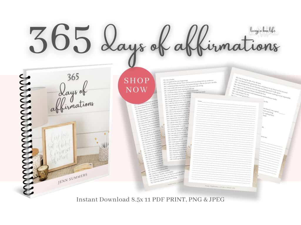 Empower your mindset with 365 days of positive affirmations! Start your day off right with positive thinking and reaffirming daily I statements.Affirmations are one of my favourite ways to change my mindset and to be kind to myself. It is so simple and once you start they just become a natural part of your everyday self-care.In fact, using affirmations is one of the EASIEST and one of the most EFFECTIVE ways to change your outlook and develop a positive, encouraging, confident, strong mindset!But it might not always be easy to get started especially if you have never tried before. And that my friend is why I put together 365 days of affirmations for you!This handy booklet will inspire you to work on your well-being and before you know it you will notice an increase in your positive self-talk! AND THAT IS LIFE CHANGING!Each affirmation will help you grow your mindset in a key area for personal development.Get 365 days of affirmations that will help you stay positive, be mindful, build confidence, and tackle your goals.